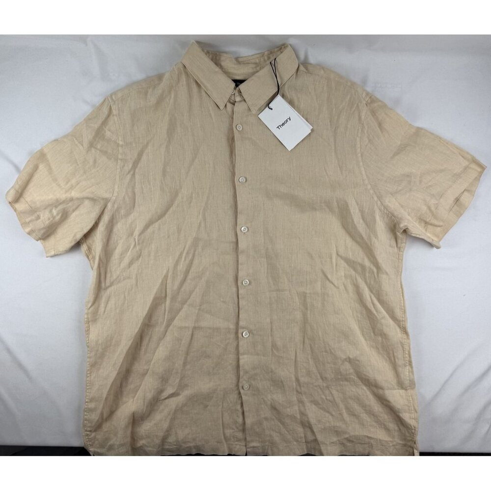 NWT Theory Irving Short Sleeve Linen Button-Up Shirt in Autumn Blonde XXL $195